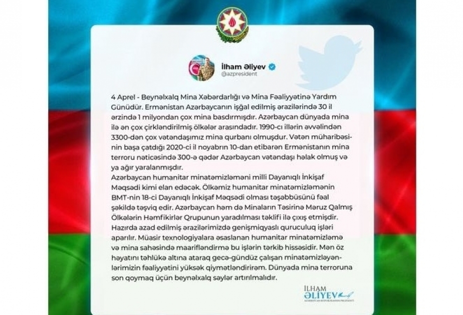 Anlässlich des Internationalen Tages der Minenaufklärung teilt Präsident Ilham Aliyev Beitrag in sozialen Medien