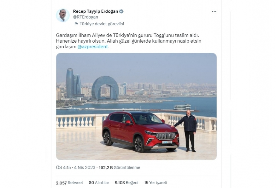 Президент Турции поделился публикацией в связи с предоставлением Президенту Азербайджана электромобиля Togg