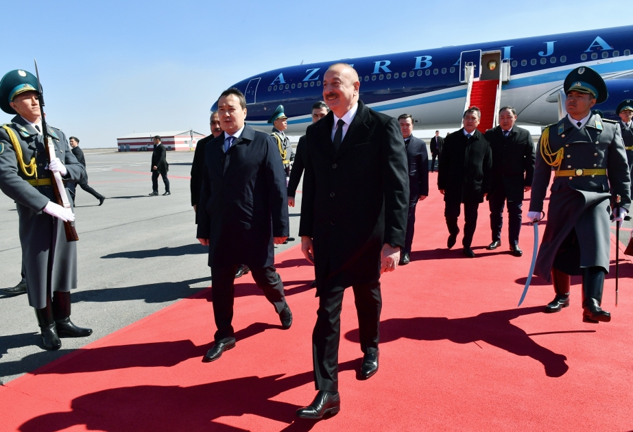 President Ilham Aliyev arrived in Kazakhstan for official visit VIDEO