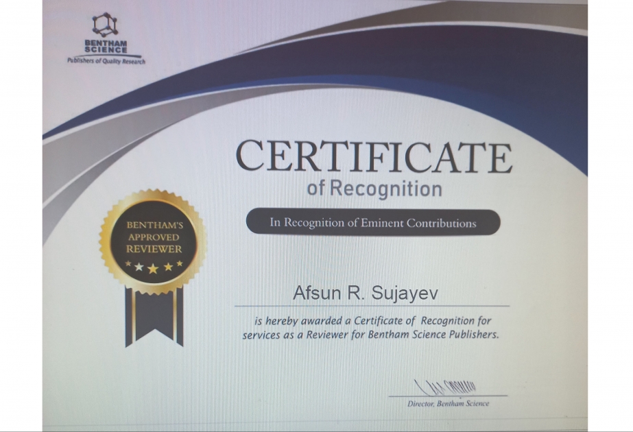 Kimyaçı alim “Bentham Science Publishers” nəşriyyatı tərəfindən növbəti sertifikata layiq görülüb