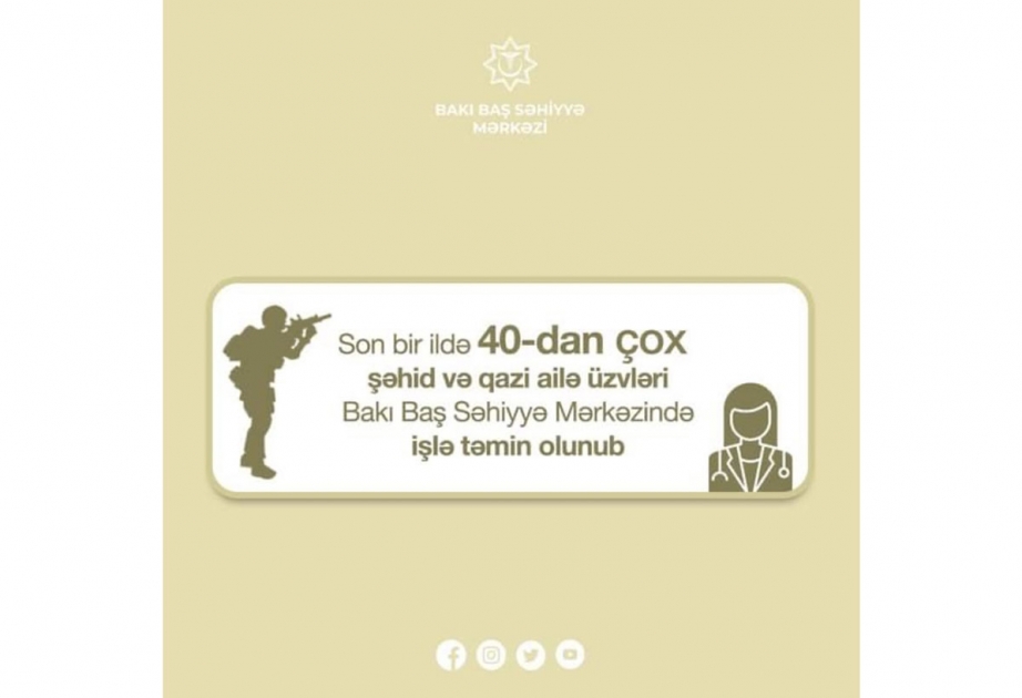 Son bir ildə Bakı Baş Səhiyyə Mərkəzinin tibb müəssisələrində 40-dan çox şəhid və qazi ailələrinin üzvləri işlə təmin olunub