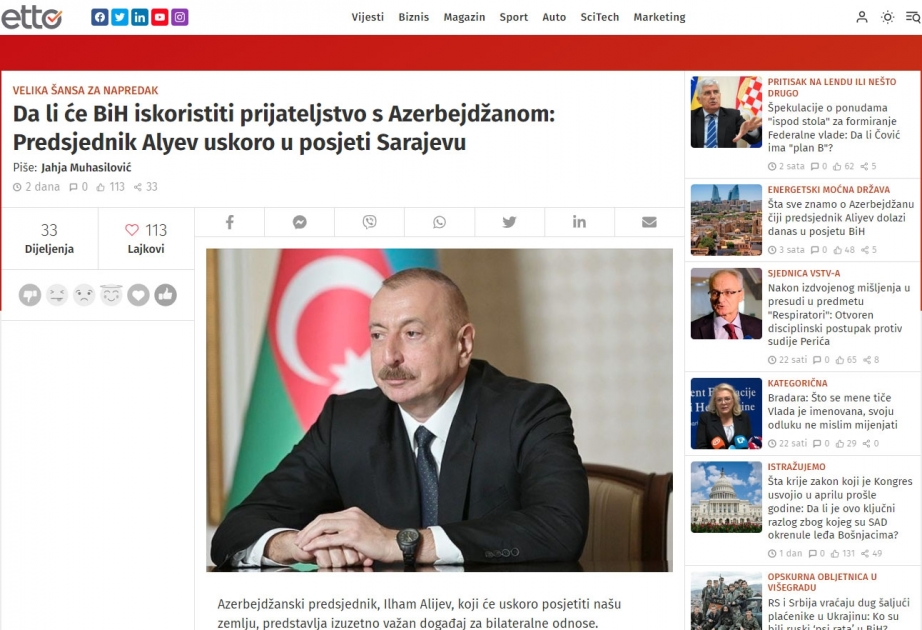 Bosniya və Herseqovina KİV-ləri Prezident İlham Əliyevin bu ölkəyə səfəri ərəfəsində Azərbaycanla bağlı silsilə məqalələr yayımlayıb