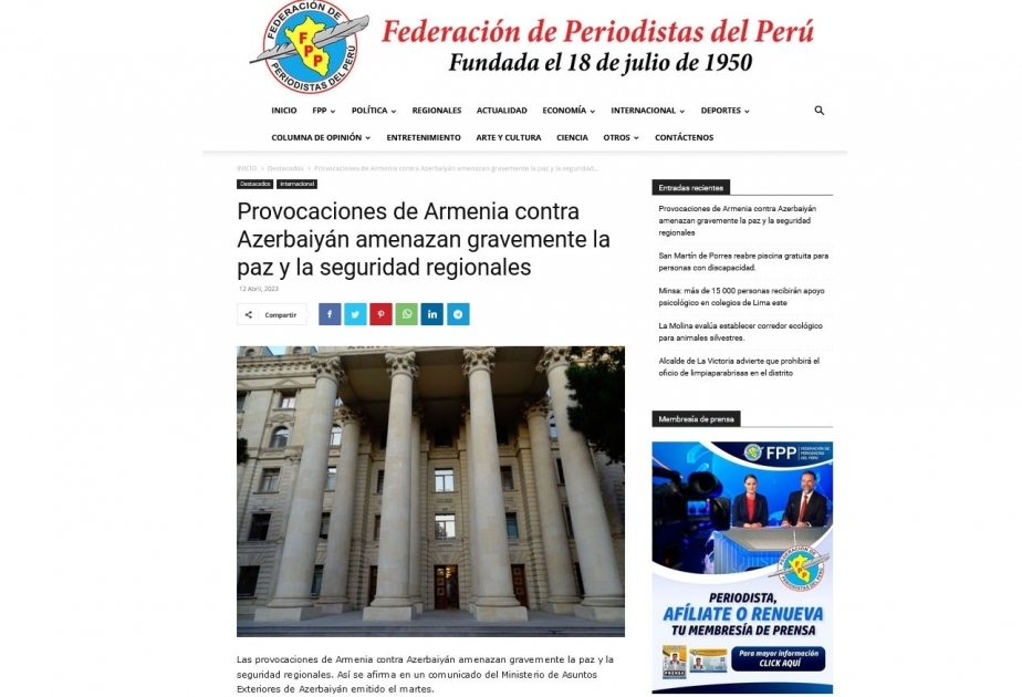 Peruvian portal condemns Armenia's latest military provocation against Azerbaijan