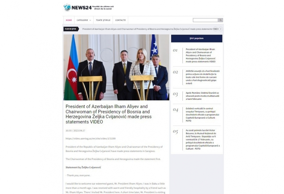 Romanian news portal highlights President Ilham Aliyev`s visit to Bosnia and Herzegovina