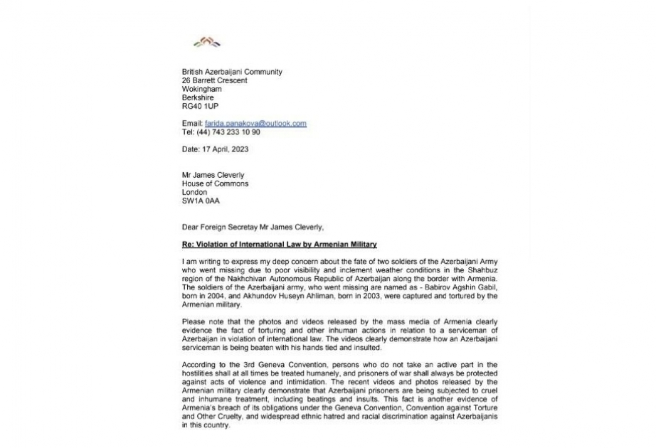 Azerbaijani community of UK appeals to UK Foreign Secretary