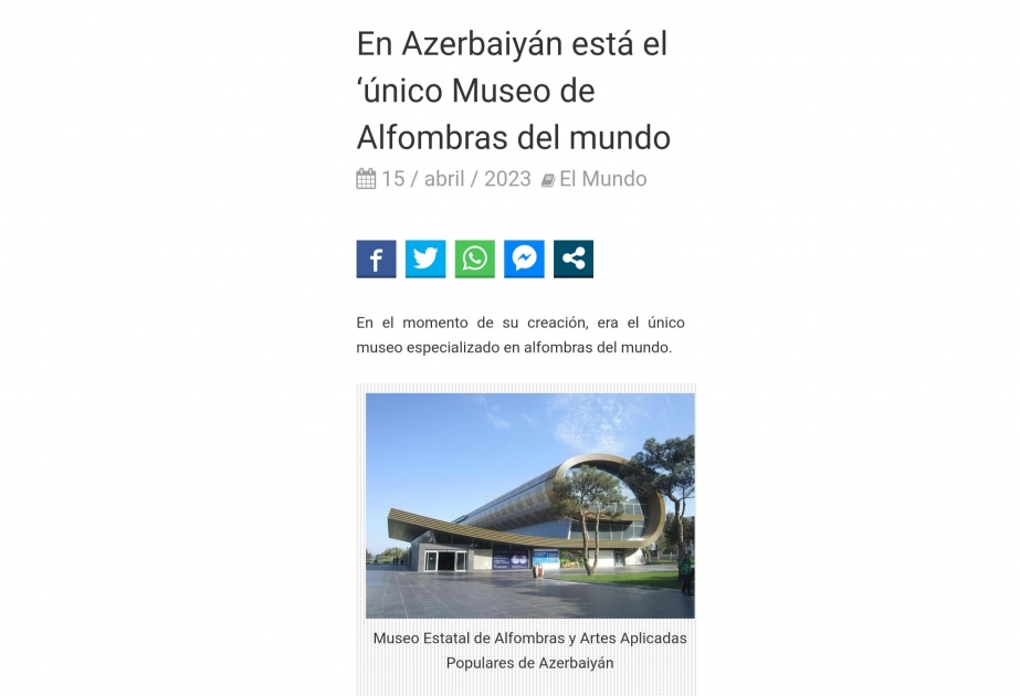 La prensa argentina escribe sobre el Museo de las alfombras de Azerbaiyán