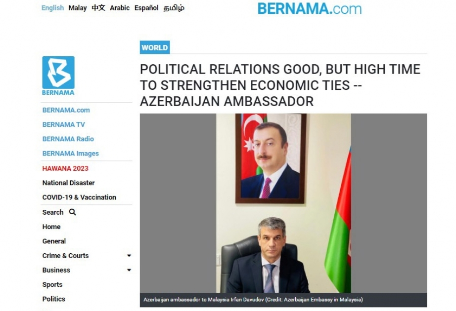 Səfir: Azərbaycanla Malayziya arasında yüksəksəviyyəli siyasi münasibətlər qarşılıqlı etimada əsaslanır