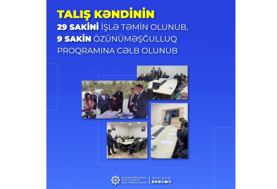 İlk mərhələdə Talış kəndinin 29 sakini işlə təmin olunub, 9 sakin özünüməşğulluq proqramına cəlb olunub