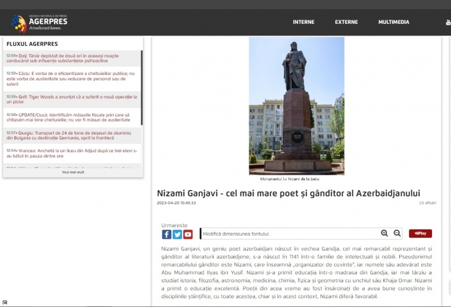 Romania's "Agerpres" news agency highlights Nizami Ganjavi`s creativity