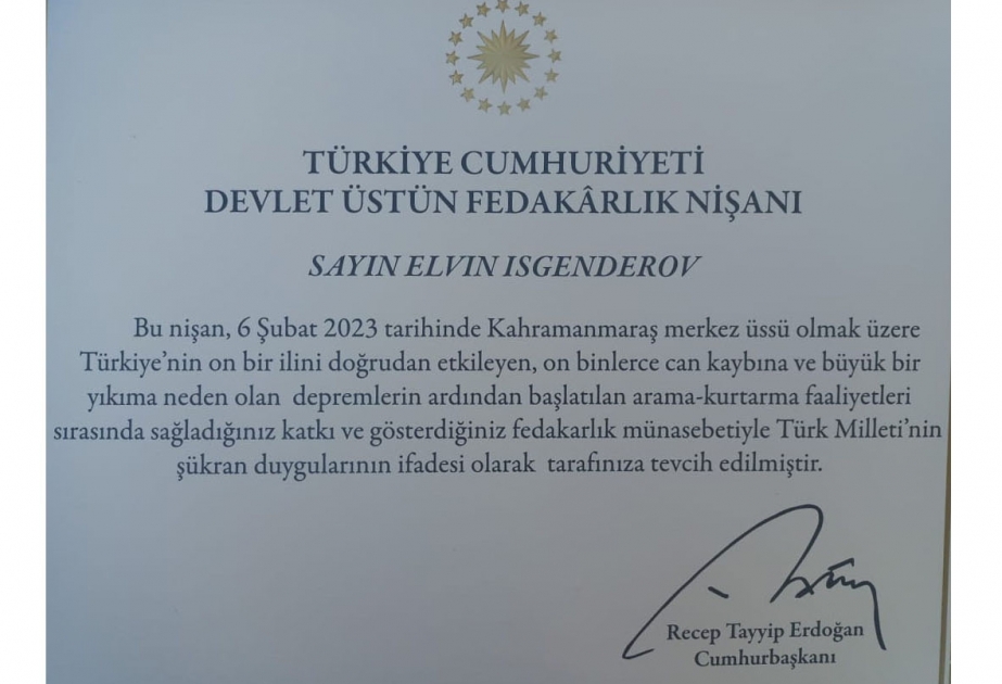 Fövqəladə Hallar Nazirliyinin xilasedicisi Türkiyə dövləti tərəfindən təltif olunub
