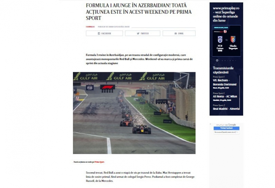 Rumıniya KİV-ləri Formula 1 Azərbaycan Qran-Prisindən yazıb