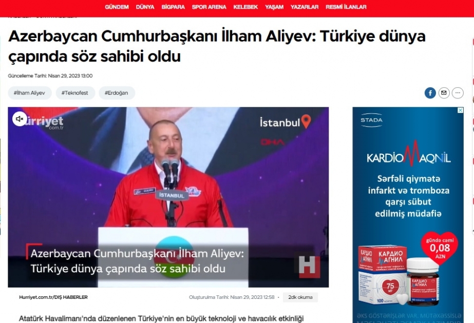 Prezident İlham Əliyevin “TEKNOFEST”dəki çıxışı Türkiyə mediasının diqqət mərkəzində olub