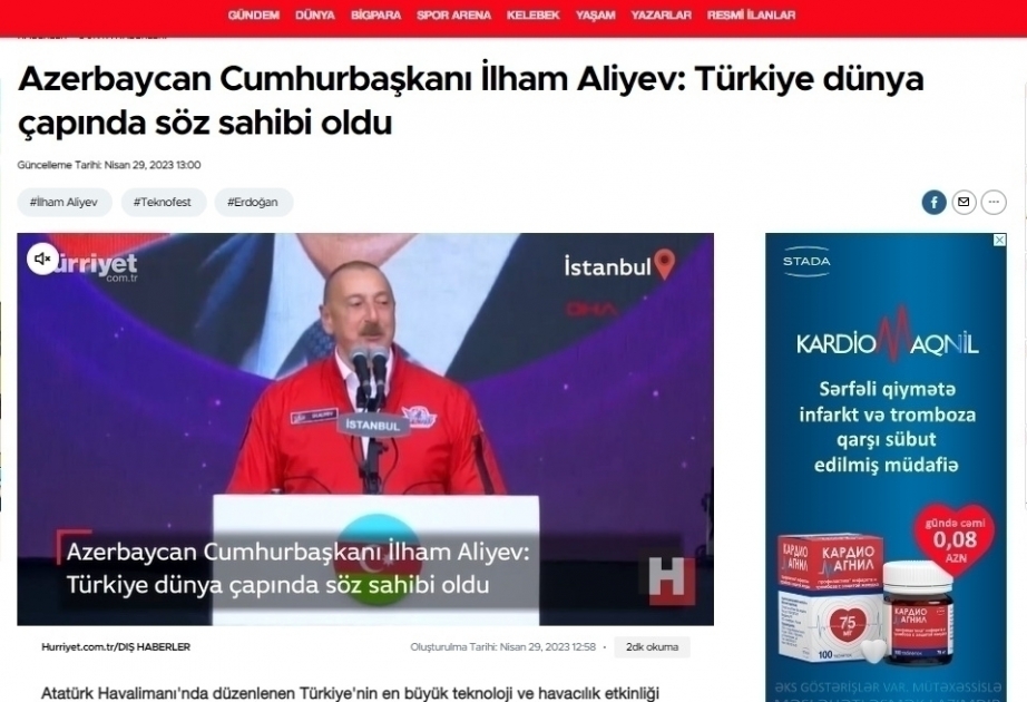 Выступление Президента Ильхама Алиева на «ТЕХНОФЕСТЕ» находилось в центре внимания турецких СМИ