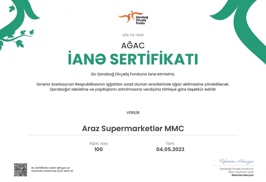 ®  "Araz" supermarketlər şəbəkəsi Ümummilli Lider Heydər Əliyevin 100-cü ildönümünə 100 ağac ianə etdi