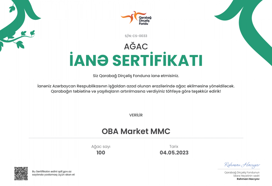 ®  "OBA" marketlər şəbəkəsi Ümummilli Lider Heydər Əliyevin 100-cü ildönümünə 100 ağac ianə etdi