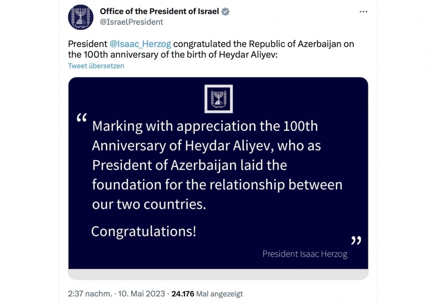 Präsident Isaac Herzog: Heydar Aliyev legte Grundstein für aserbaidschanisch-israelische Beziehungen

