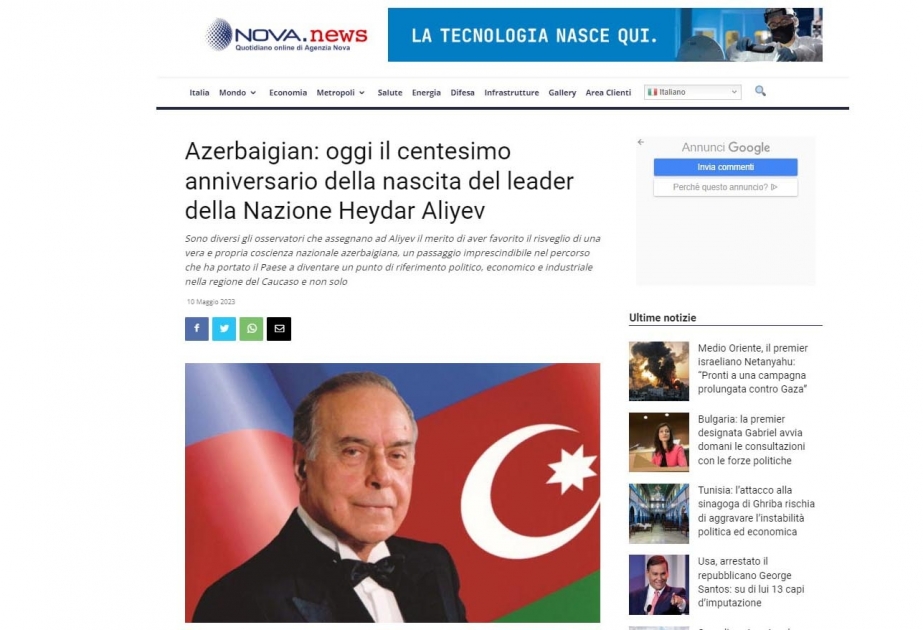 İtaliya mətbuatı Ümummilli Lider Heydər Əliyevlə bağlı məqalələr dərc edib