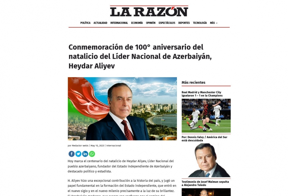 El centenario del natalicio del líder nacional Heydar Aliyev fue ampliamente cubierto por la prensa peruana