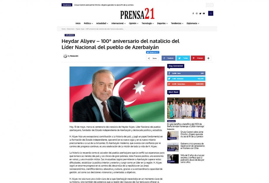 Peru mətbuatı Ümummilli Lider Heydər Əliyevdən yazıb