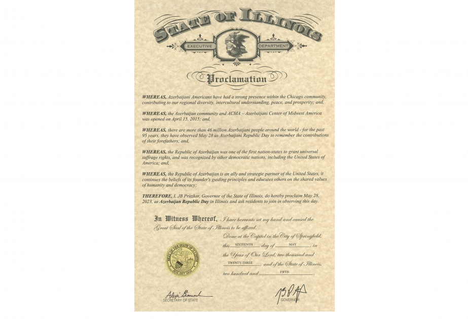 US State of Illinois proclaims May 28 as “Azerbaijan Republic Day”