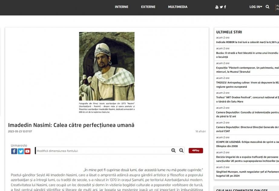 Romania's national news agency highlights great poet Imadaddin Nasimi