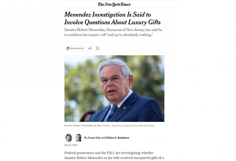 Прокуратура Манхэттена и ФБР проводят расследование в отношении проармянского сенатора Менендеса