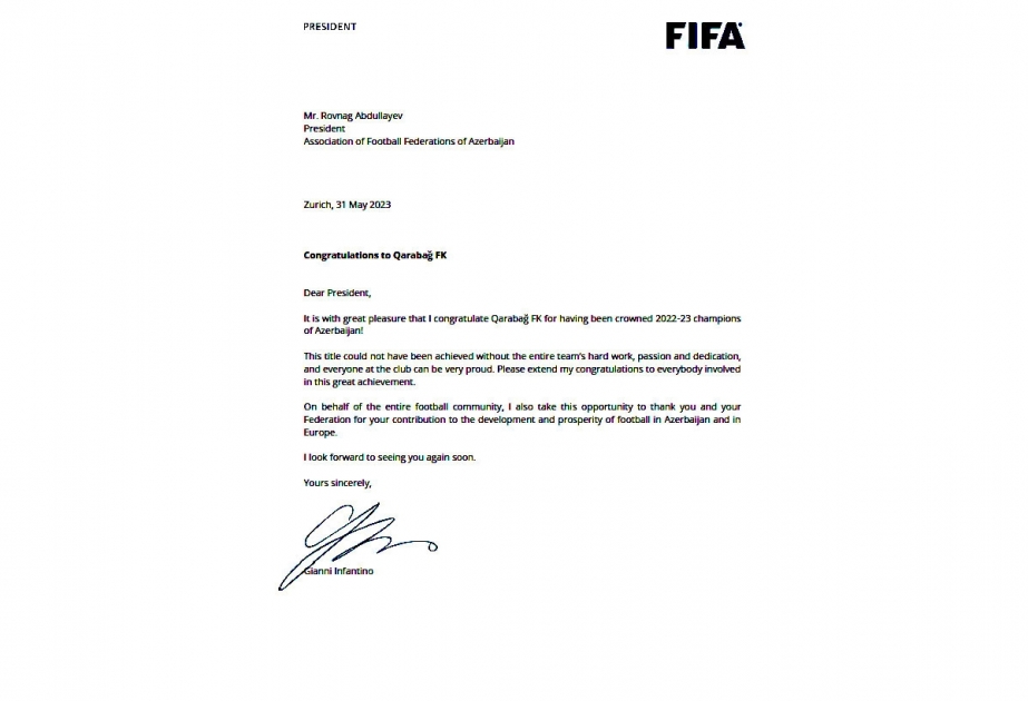 FIFA-nın prezidenti “Qarabağ” klubunu təbrik edib