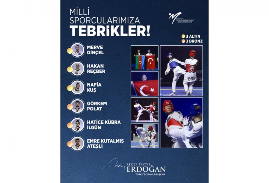 Türkiyə Prezidenti Bakıda taekvondo üzrə dünya çempionatında medal qazanan milli idmançıları təbrik edib