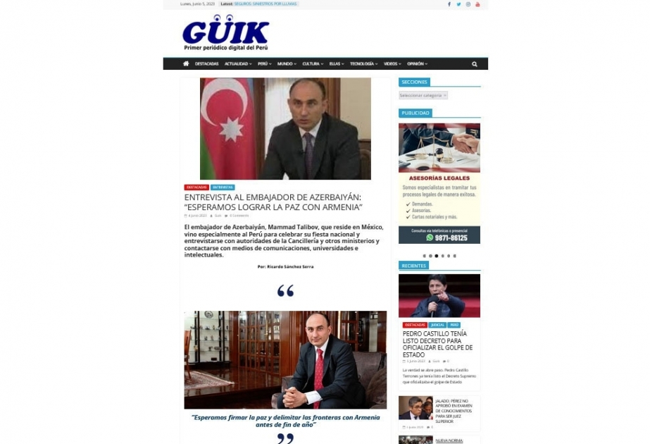 La prensa peruana destaca el estado actual de la normalización de las relaciones entre Azerbaiyán y Armenia