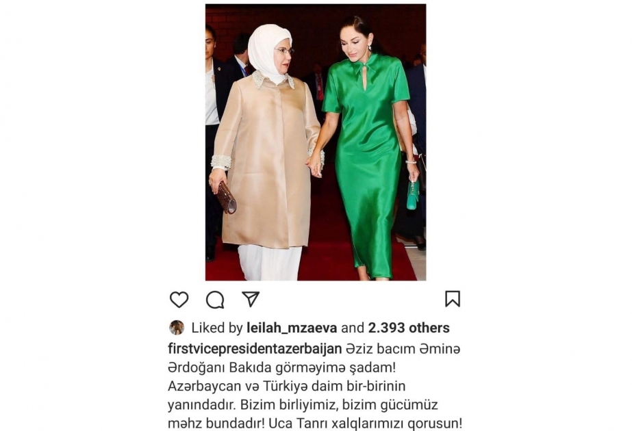 Birinci vitse-prezident Mehriban Əliyeva Türkiyənin birinci xanımı Əminə Ərdoğan ilə bağlı paylaşım edib