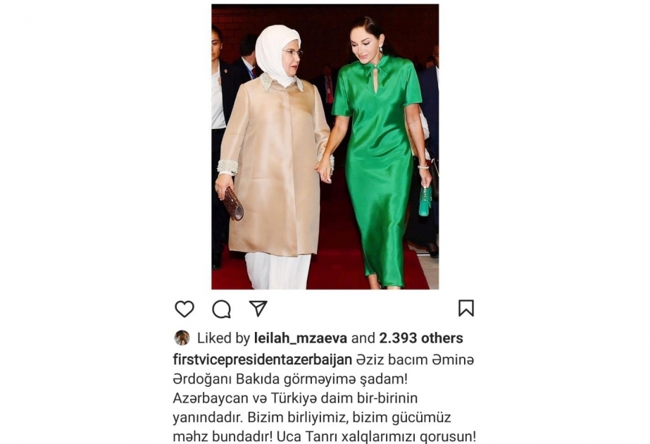 First Vice-President of Azerbaijan Mehriban Aliyeva shared post on First Lady of Türkiye Emine Ergogan