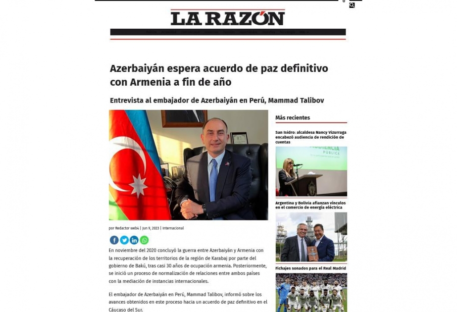 Peru mətbuatında postmünaqişə dövrünün yeni reallıqlarından bəhs edilib