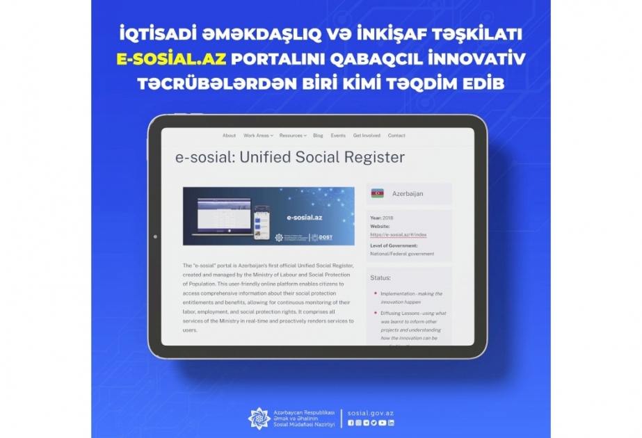 İqtisadi Əməkdaşlıq və İnkişaf Təşkilatı e-sosial.az portalını qabaqcıl innovativ təcrübələrdən biri kimi təqdim edib