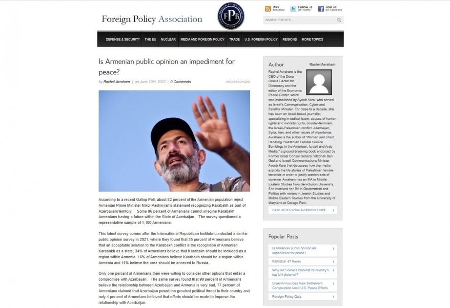 US Foreign Policy Association: Is Armenian public opinion an impediment for peace?