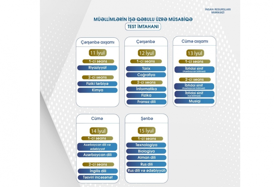 Müəllimlərin işə qəbulu üzrə müsabiqənin test imtahanları iyulun 11-dən 15-dək keçiriləcək