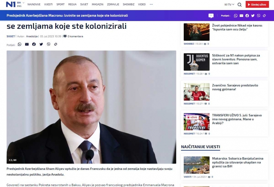 Bosniya və Herseqovina mediası Prezident İlham Əliyevin Qoşulmama Hərəkatının nazirlər görüşündəki çıxışından yazır