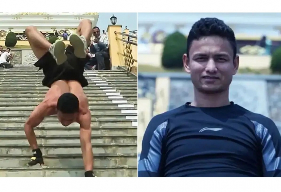 Nepalese man hand walks down stairs at record-breaking speed
