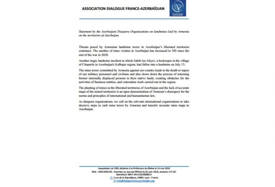 Fransa-Azərbaycan Dialoqu Assosiasiyası beynəlxalq ictimaiyyətə müraciət etdi