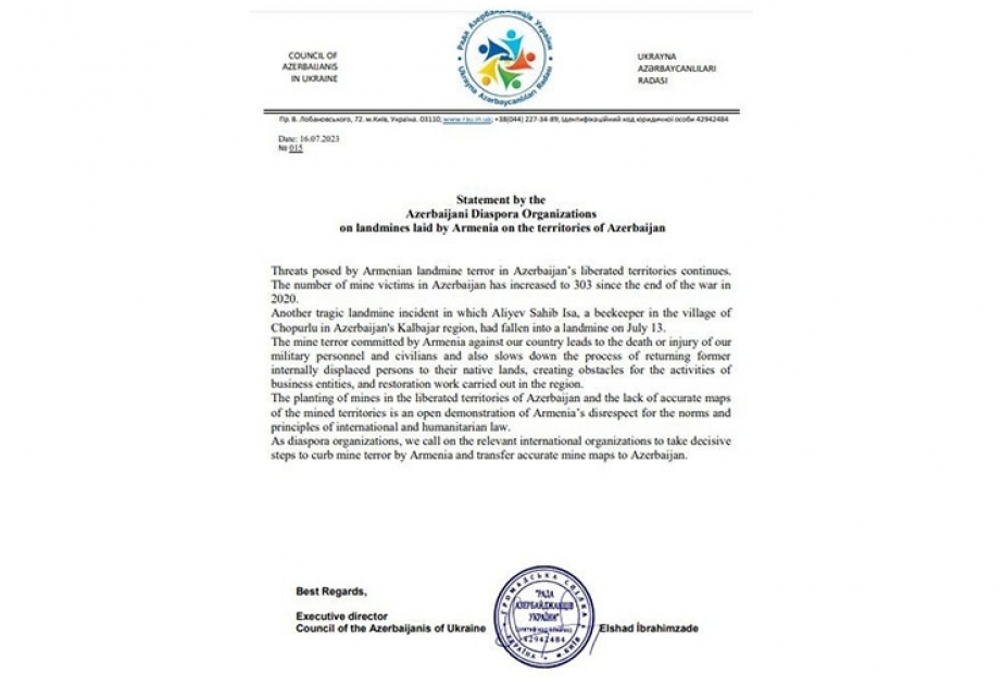 Ukrayna Azərbaycanlıları Radası beynəlxalq ictimaiyyətdən Ermənistana təzyiq göstərilməsini tələb edib