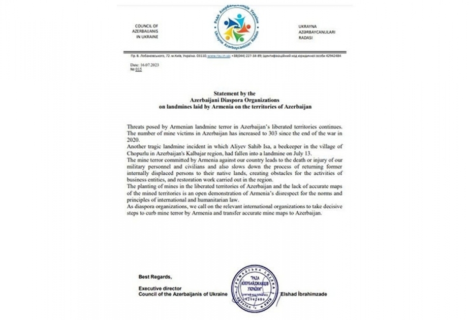 Rada of Ukrainian Azerbaijanis calls international community to bring pressure to bear on Armenia