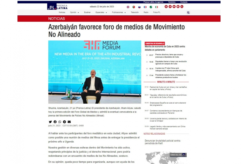 Prensa Latina: Azerbaiyán favorece foro de medios de Movimiento No Alineado