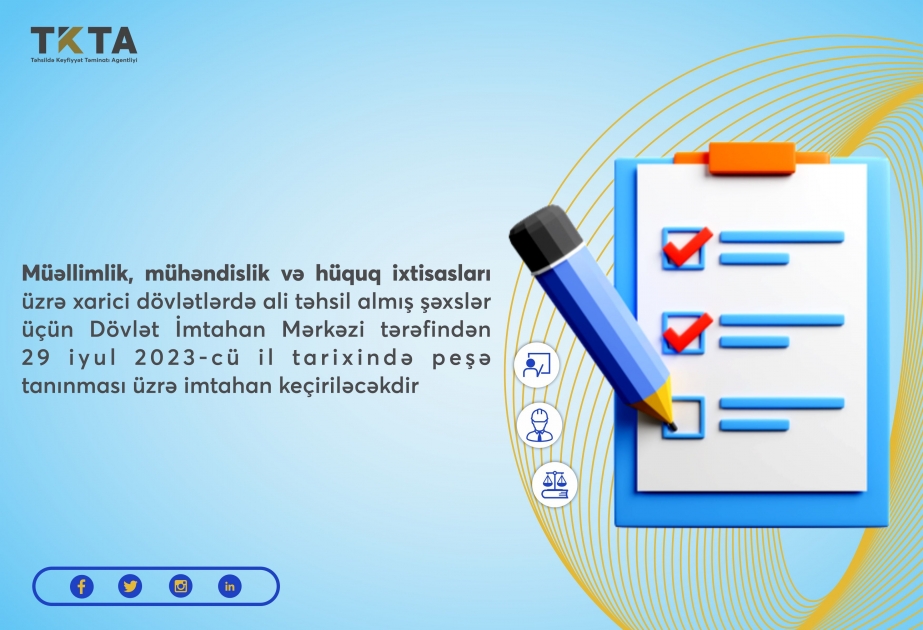 Xaricdə ali təhsil almış şəxslər peşə tanınması üzrə imtahan verəcəklər