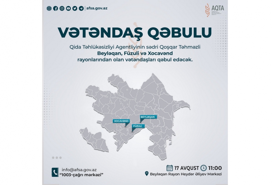Qida Təhlükəsizliyi Agentliyinin sədri Beyləqanda vətəndaşlarla görüşəcək