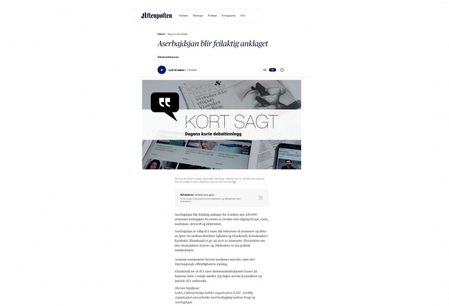 Norwegian newspaper: Azerbaijan is falsely accused