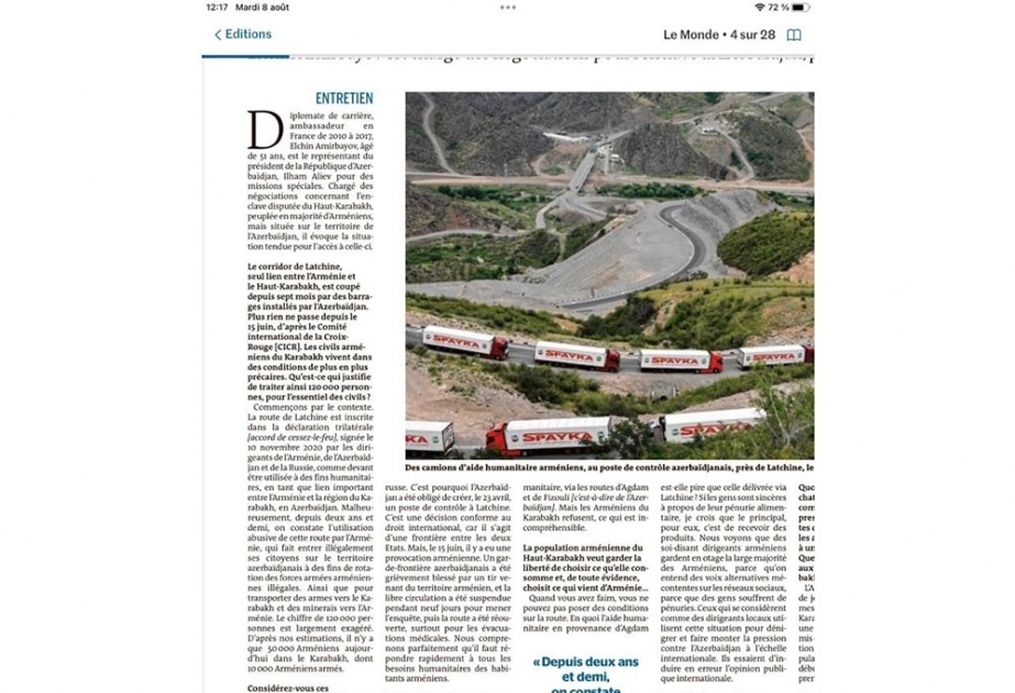 El periódico Le Monde ha publicado una entrevista con el representante del Presidente de Azerbaiyán para asuntos especiales