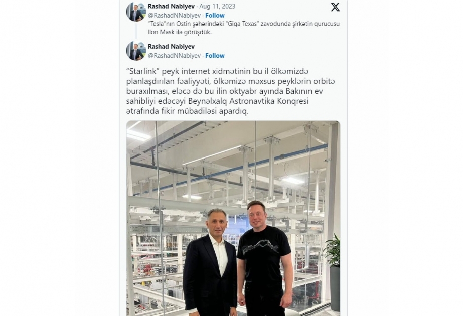 Minister für digitale Entwicklung und Verkehr Raschad Nabiyev trifft Elon Musk