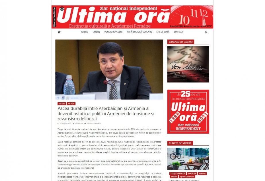 Rumıniyanın “Ultima Ora” qəzetində Ermənistanın revanşist siyasəti barədə məqalə yayımlanıb