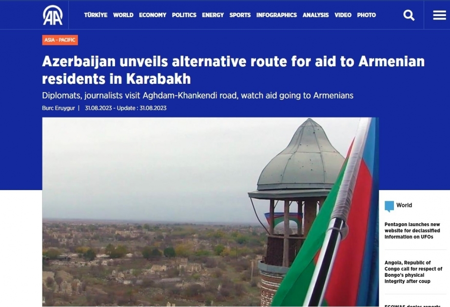 Agencia Anadolu: “Azerbaiyán ofrece una ruta alternativa para la ayuda a los residentes armenios en Karabaj”