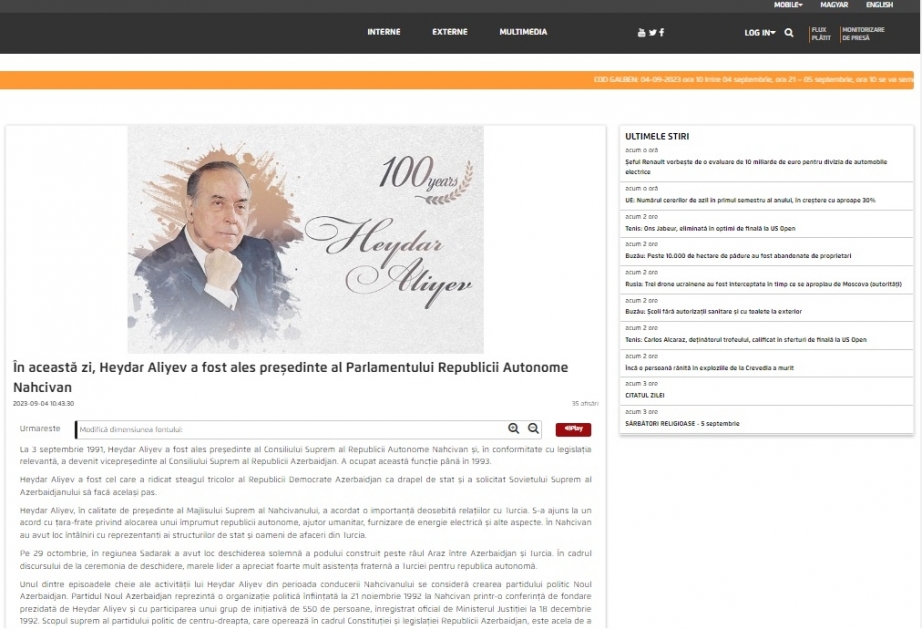 Rumıniyanın AGERPRES agentliyi Ulu Öndərin Naxçıvandakı fəaliyyətindən yazıb