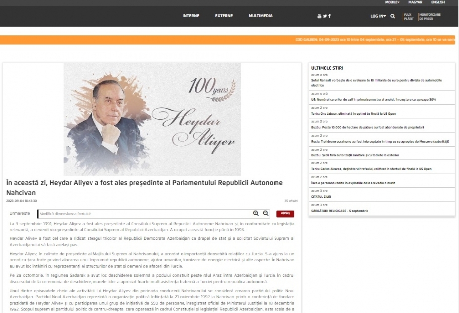 Румынское агентство AGERPRES опубликовало статью о деятельности великого лидера в Нахчыване